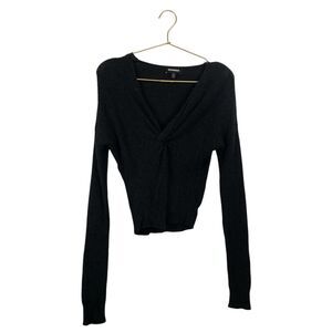 Express‎ Twist Front Sweater Long Sleeve Knit Cropped Black Size XS 218
